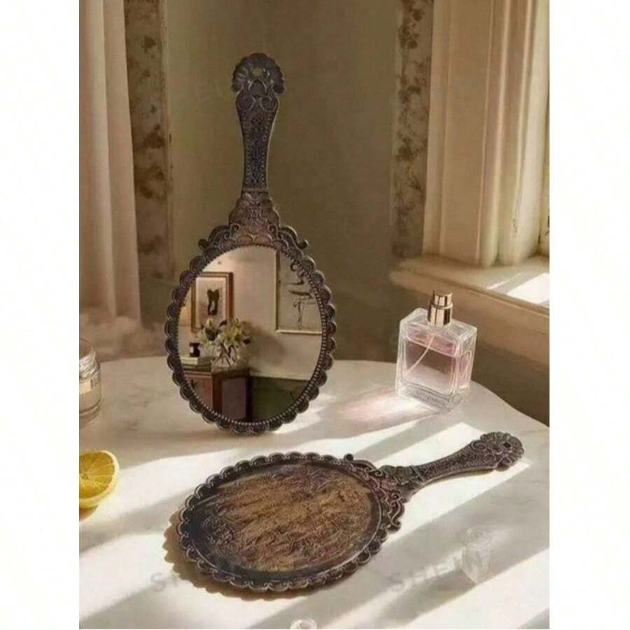 1pc Vintage Pattern Mirror, Large Makeup Mirror, Suitable For Home, Bedroom, Office, Handheld Mirror, Portable Vanity Mirror - Multicolor - View 1