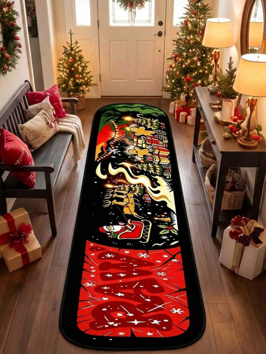 1pc, Washable Non-Slip Christmas Long Velvet Decorative Rug, Soft Non-Slip Mat, Machine Washable, Skateboard Theme Santa Claus & Gingerbread Print Design, Suitable For Living Room, Bedroom, Bedside, Hallway, Dining Room And Other Home Scenes, Perfectly Matches Christmas Home Atmosphere, Great Christmas Gift, Rugs, Carpet, Christmas Rug, Christmas Gift/Decor, Rugs Living Room, Rugs For Bedroom, Carpet Living Room, Kitchen Mat, Hallway Runner, Washable Rug, - Multicolor - View 1