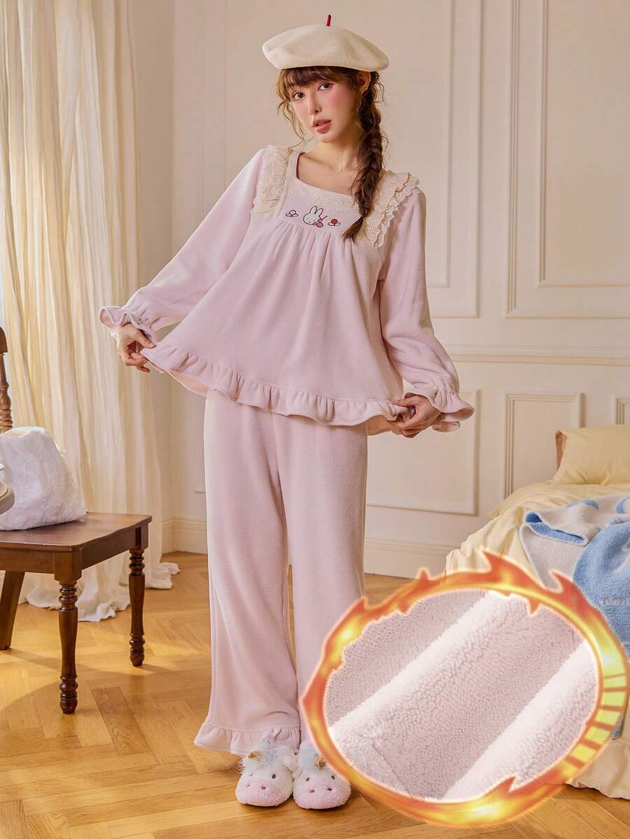 Gongdie 2pcs/Set Miffy Women's Fleece Pajama Set, Winter Pink Soft Thick Plush Loungewear, Lace Square Neckline And Ruffle Hem - Pink - View 1
