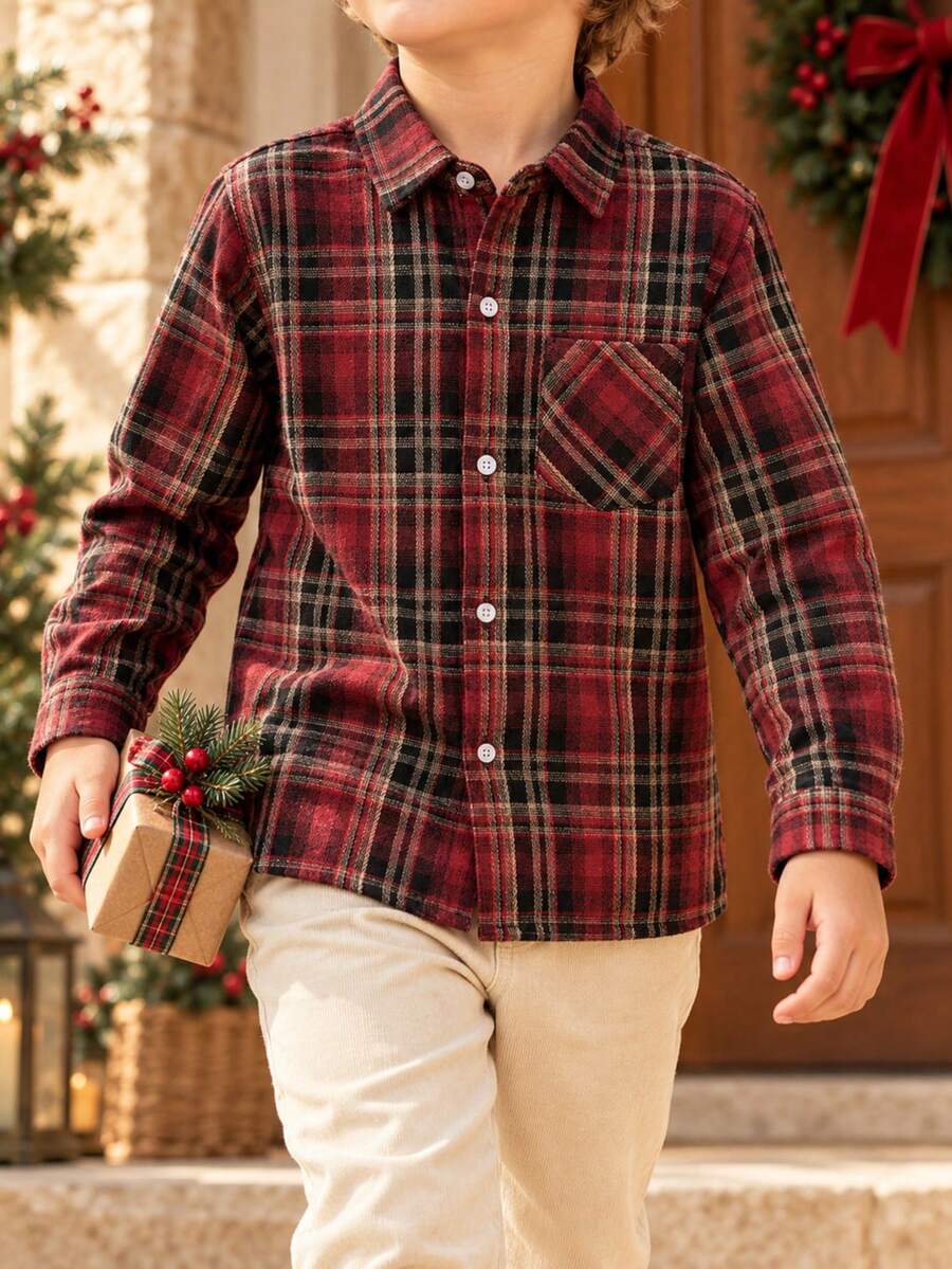 Young Boy Classic Street Casual Burgundy Plaid Long Sleeve Shirt