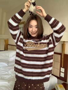 Women's Striped Sweater, Loose Round Neck Knit Top, Slouchy Vintage Blouse, Autumn/Winter - Brown - View 4