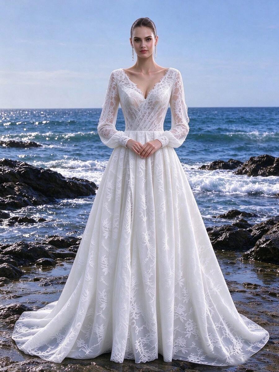 Long Sleeve French Lace V-Neck A-Line Dress With Train, Suitable For Church, Estate, Cocktail Party, Party And Other Occasions - White - View 1