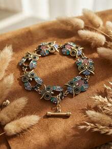Vintage Gold Owl Statement Bracelet Multi-Color Crystal Rhinestone Toggle Clasp Bohemian Retro Animal Charm Bracelet Fashion Jewelry Gift For Women - Owl - View 5
