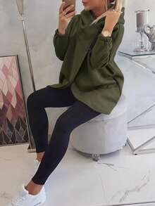 Women's Casual Elegant Sweatshirt, Solid Color With Zipper And Tulip Hem, Suitable For Autumn Fall - Army Green - View 9