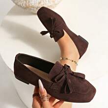 New Women's Flat Ballet Shoes With Bow And Tassel Decor, Lightweight Elegant And Comfortable Square Toe Minimalist Design, Suitable For Party, Banquet, Vacation And Various Occasions, Versatile For Daily Wear - Brown - View 11