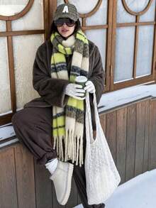 1pc Solid Color Scarf, Winter Warm Neck Protection, Thickened Wool Knit Thick Edge Tassel Shawl, Wearable - 06-green Plaid - View 8