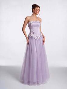 Anymoon Women's Elegant 3D Floral Decor Mesh Patchwork Strapless Evening Gown - Purple - View 1