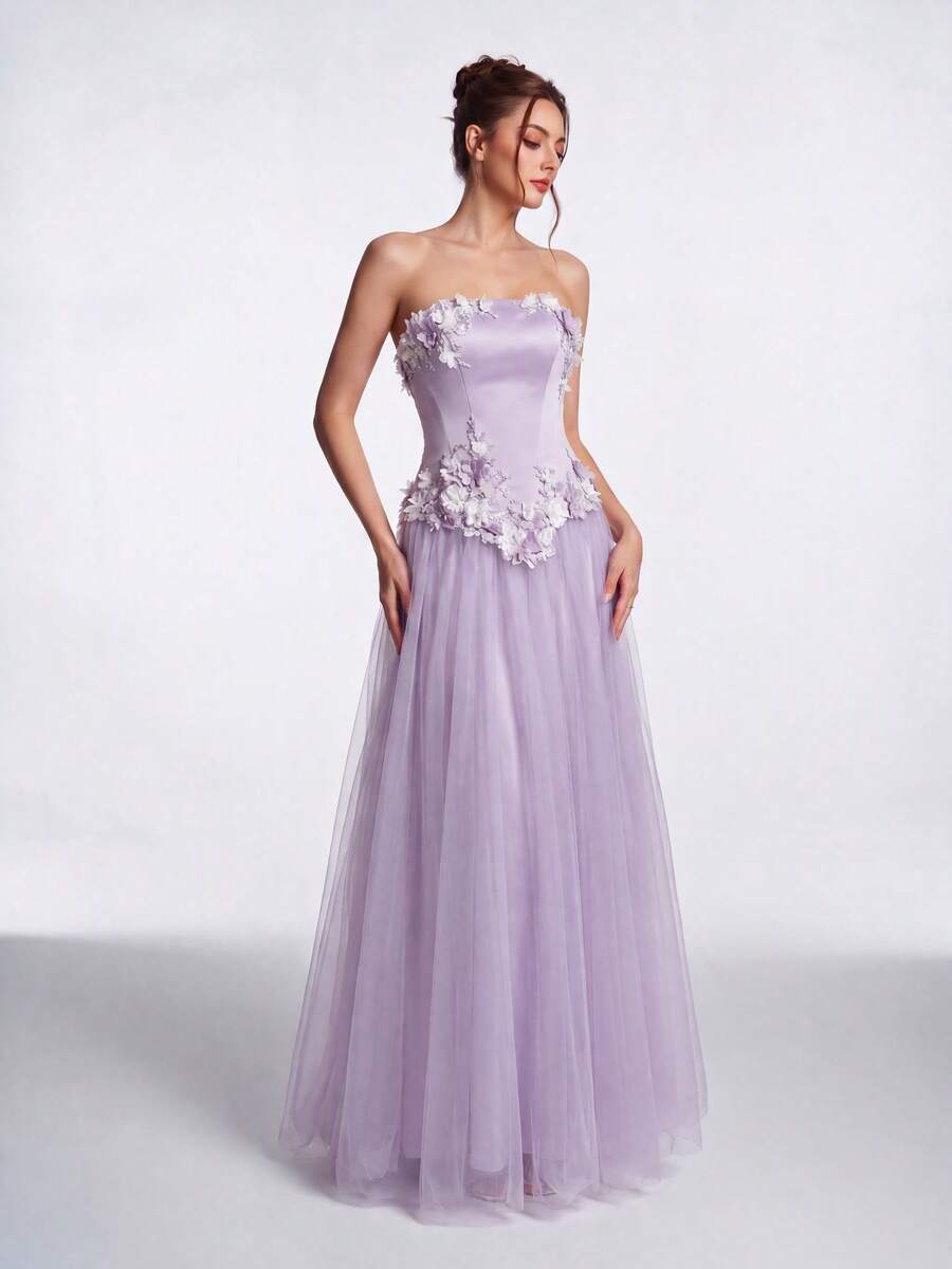 Anymoon Women's Elegant 3D Floral Decor Mesh Patchwork Strapless Evening Gown - Purple - View 1