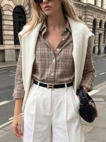Women's Vintage Plaid Button-Up Shirt, Long Sleeve Polyester Blouse, Fashionable Autumn Outfit - Khaki - View 1
