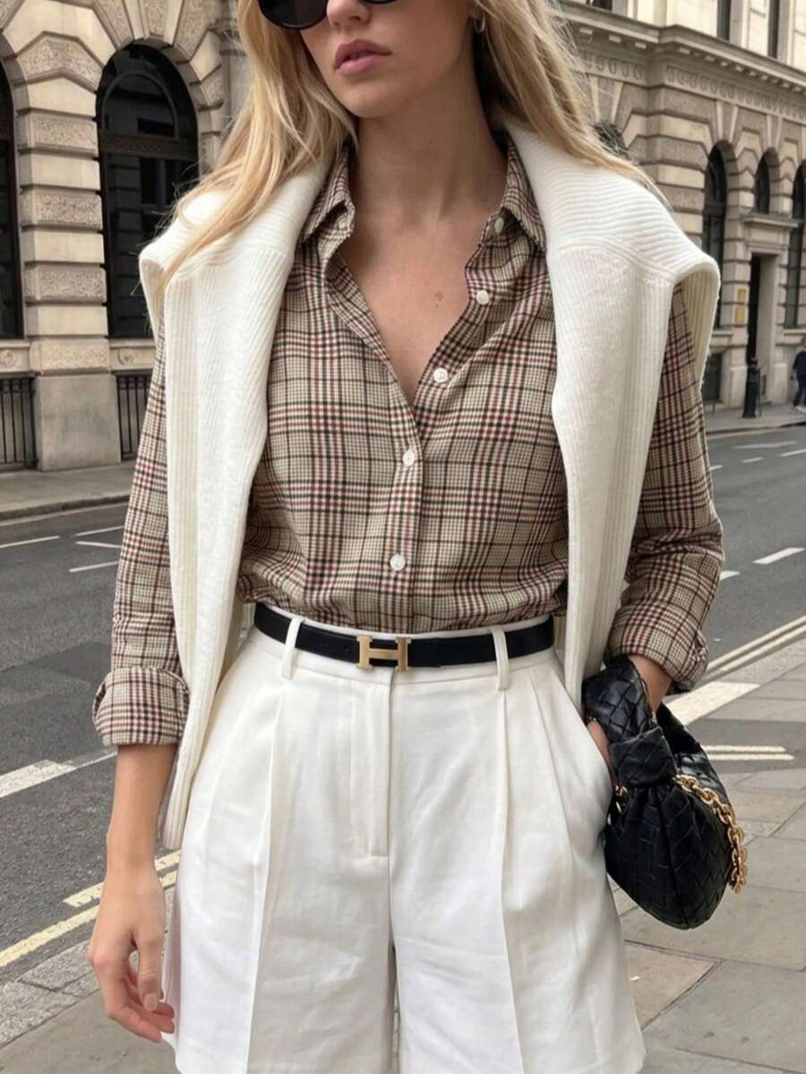 Women's Vintage Plaid Button-Up Shirt, Long Sleeve Polyester Blouse, Fashionable Autumn Outfit - Khaki - View 1