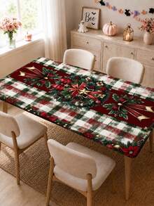 1pc Christmas Tablecloth Red & Green Plaid Holiday Dining Table Decor With Holly And Bows, Fiber Tablecloth Suitable For Indoor/Outdoor Christmas Party, Family Dinner, Office, Easy To Clean Holiday Table Decor, 2D Flat Design, Party Tablecloth, Holiday Table Setting, Holiday Table Accessories, Holly Bow Design, Classic Christmas Pattern, Holiday Host - A - View 12