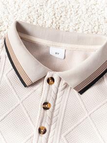 2pcs Tween Boy Vintage Collegiate Style Cream Textured Long Sleeve Polo Shirt With Elbow Patch Design And Brown Corduroy Pants, Suitable For Back To School, Daily Wear, Family Gatherings, Autumn/Winter - Apricot - View 5