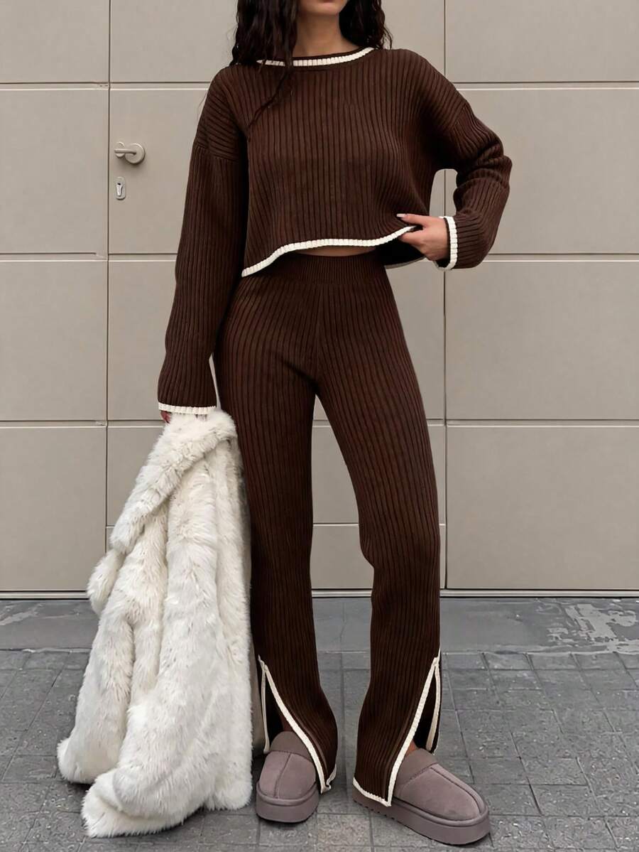 MEECY Women's Striped Knit Set - Chocolate Brown - View 1