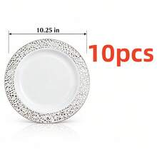 10/20/25pcs (7.5 Inch/10.25 Inch) White Base Silver Rim Plates, Multiple Set Options, Kitchen Tableware, High Quality Appetizer Plates, Easy To Clean, Suitable For Serving Dishes, Fruits, Salads, Desserts, Appetizers, Also Used For Halloween And Christmas Parties. - White - View 16