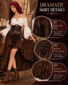 Piratenkostüm für Damen, mittelalterliches Kostüm mit Hemd, Gürtel und Accessoires. - Braun - Übersicht 4