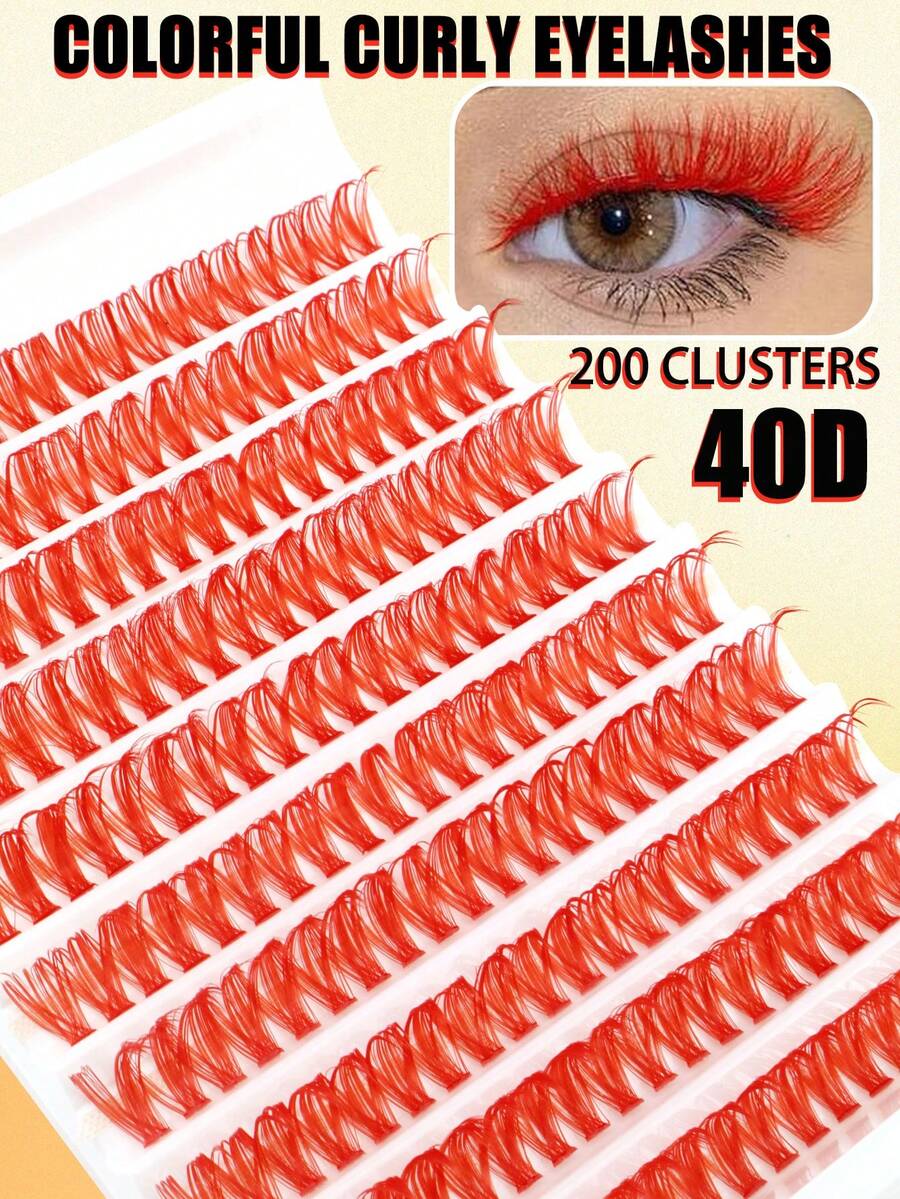 200簇玫瑰紅分段蓬鬆大容量彩色40D輕量捲翹手工精緻仿貂毛柔軟豐盈舞台Cos化妝假睫毛 - 紅色 - 查看 1