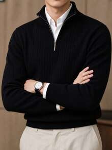 Men's Autumn/Winter Fashion Casual Versatile Ribbed Business Style Slim Fit Regular Shoulder Zip Collar Long Sleeve Knit Polo Shirt, Suitable For Daily Commute - Black - View 3