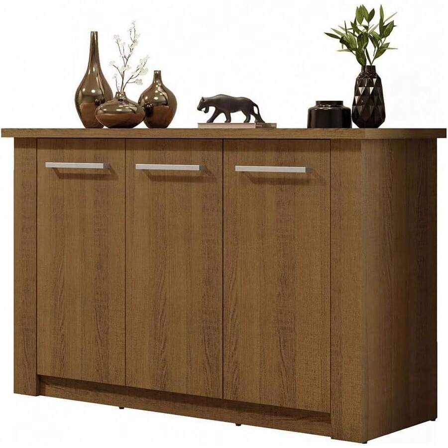 Aparador Buffet de Madera de Ingeniería con Tres Puertas, Gabinete Almacenamiento para Comedor y Sala, Mueble Auxiliar de Estilo Rústico Marrón, Organizador para Vajilla y Decoración