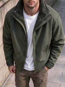 American Vintage Thermal Lined Workwear Jacket Men's Stand Collar Zipper Button Style Winter Thickened Durable Multi-Pocket Coat - Army Green - View 3