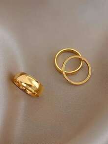 3pcs Gold Polished Stainless Steel Ring Set, Daily Layered Plain Band Rings For Women - Yellow Gold - View 2