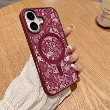 1pc Creative Acrylic Pattern Magnetic Wireless Charging Shockproof Phone Case Compatible With 17 16 15 14 13 12 11 Pro Max, Transparent Phone Protective Cover Waterproof Shockproof Scratch-Resistant - Burgundy + Lace Pattern - View 1