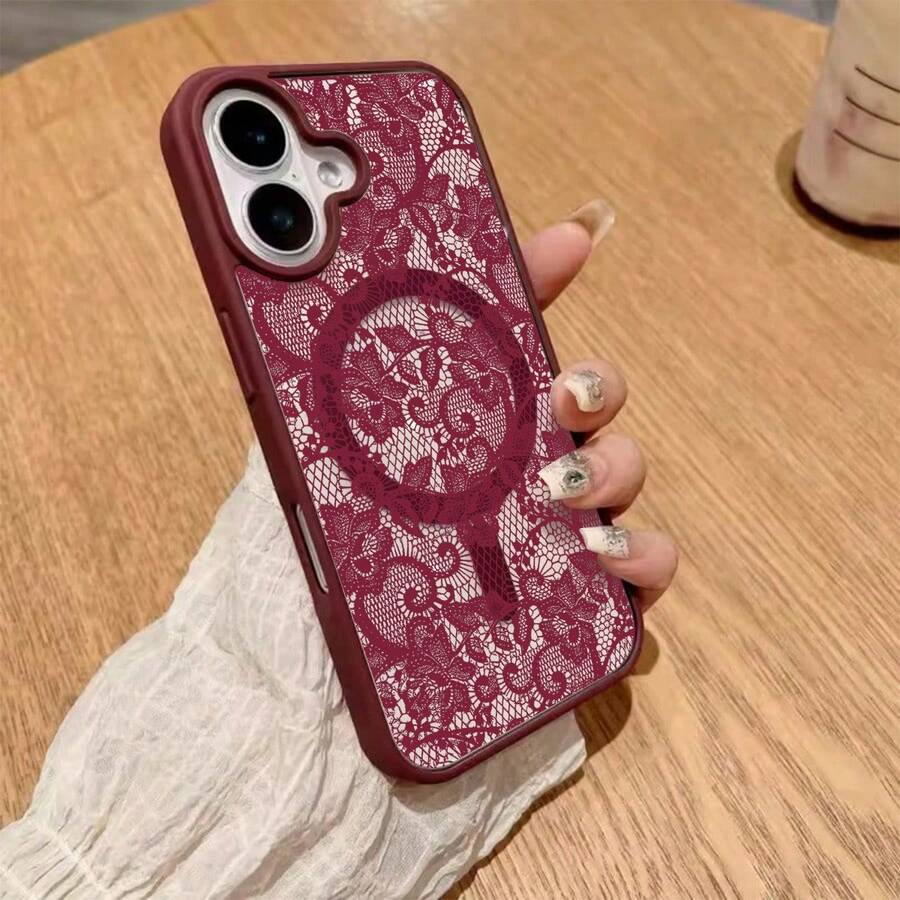 1pc Creative Acrylic Pattern Magnetic Wireless Charging Shockproof Phone Case Compatible With 17 16 15 14 13 12 11 Pro Max, Transparent Phone Protective Cover Waterproof Shockproof Scratch-Resistant - Burgundy + Lace Pattern - View 1