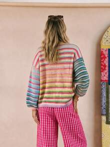 Women's Vintage Striped Colorblock Cardigan Sweater, Long Sleeve, Front Button Knit Pullover, Autumn Clothing, Winter Sweater, Casual Daily Wear - Multicolor - View 8