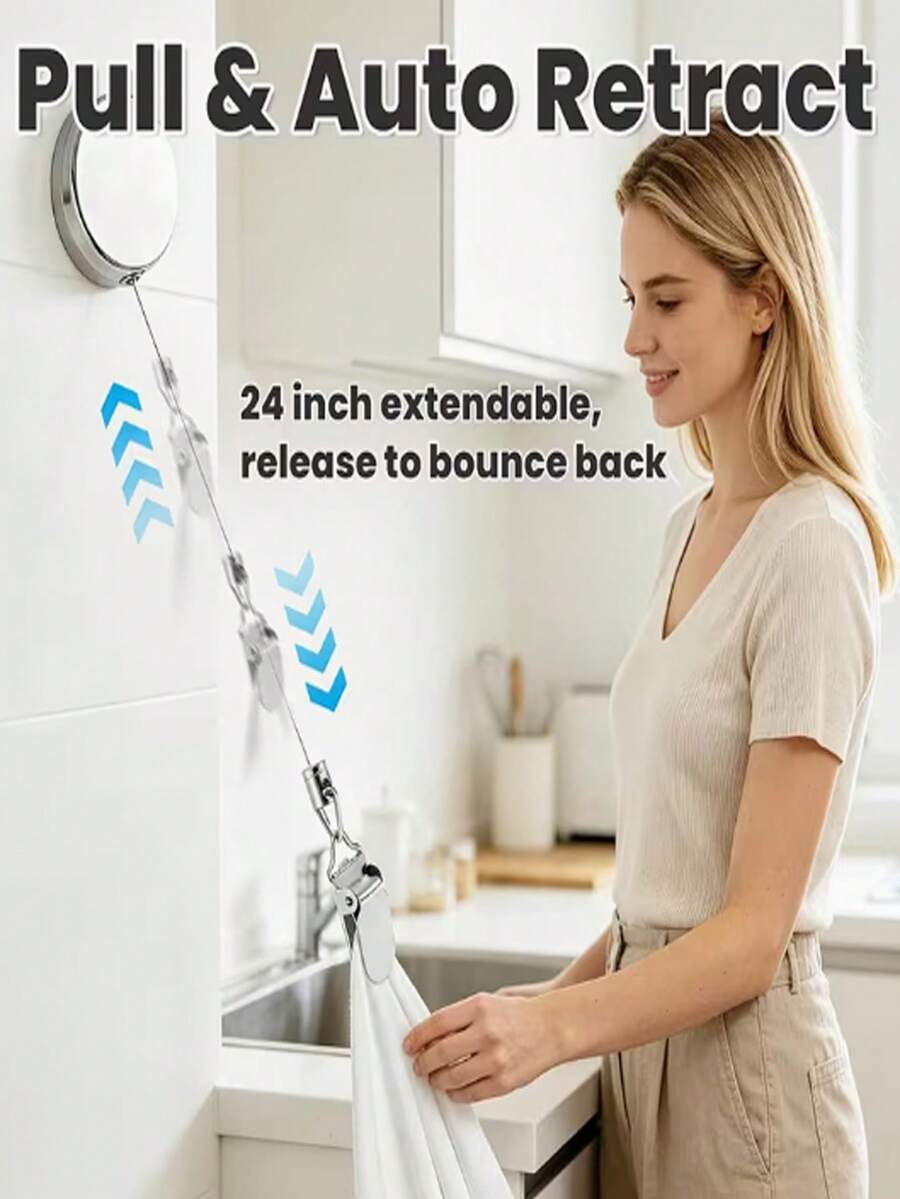 2pcs Automatic Retractable Towel Rack, No-Drill Adhesive Wall Mount Hand Towel Holder, Auto-Rebound Strap With Strong Clip, Adjustable Tension, Bathroom Kitchen Storage Rack, Suitable For Home And Hotel