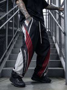 Men's Streetwear Colorblock Diagonal Striped Patchwork Loose Casual Sports Sweatpants - Black - View 2