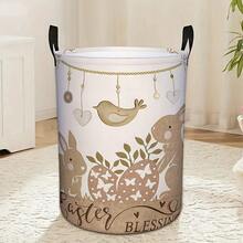 Easter Blessing Laundry Basket, Vintage Rabbit And Little Bird Easter Egg Print Foldable Storage Bin With Handle, Large Laundry Hamper, Space Saving Collapsible Basket, Perfect For Laundry Room, Bedroom, Bathroom, Easter Home Decor Gift - Camel - View 3