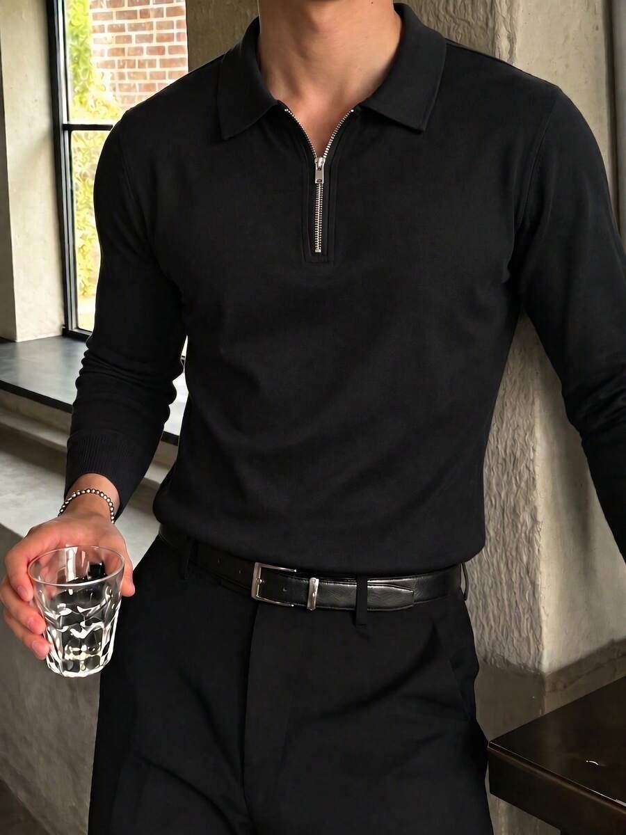 Men's Black Business Casual Half-Zip Polo Shirt With Turn-Down Collar And Long Sleeves - Black - View 1