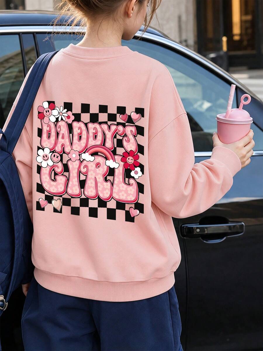 Tween Girl Crewneck Sweatshirt, Daddy's Girl Checkerboard Floral Back Graphic Print, Casual Long Sleeve Top For Girls Spring Fall School Wear - Pink - View 1