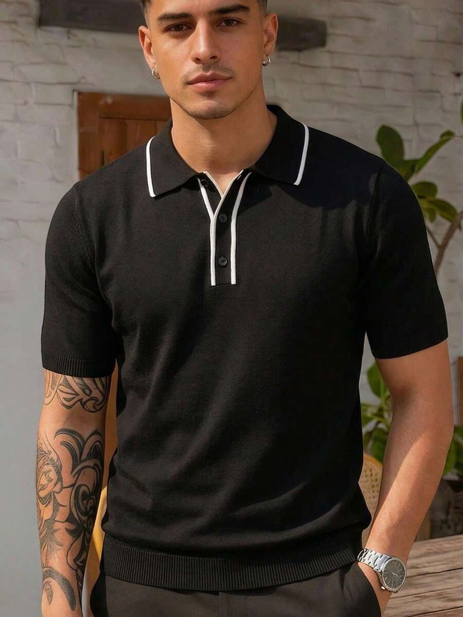ALTZTAR Men's Casual Knit Polo Short Sleeve Top - Black - View 1