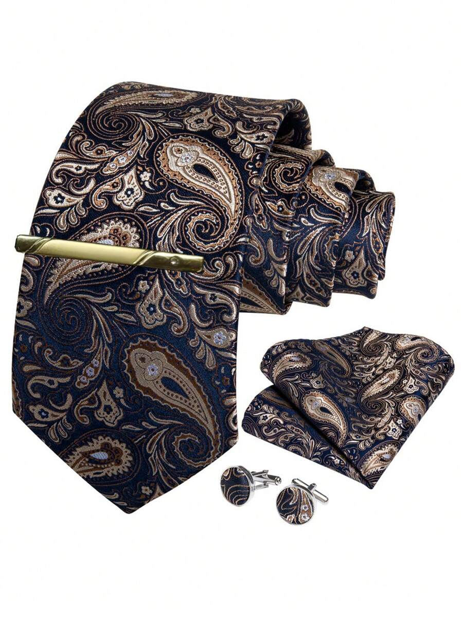 Navy Blue & Gold Paisley Men's Tie Set, 4-Piece Set Including Pocket Square, Cufflinks, Gold Tie Clip, Formal Banquet Outfit - Coffee Brown - View 1