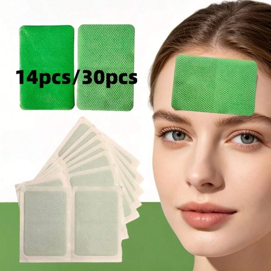 14/30pcs Self-Adhesive Forehead And Nasolabial Fold Training Patches - Disposable Facial Elastic Patches - Suitable For Forehead - Full Face Use - Individually Packaged, Clean And Hygienic - Small And Portable - Daily Use - Travel Essential - Unisex - Green - View 1