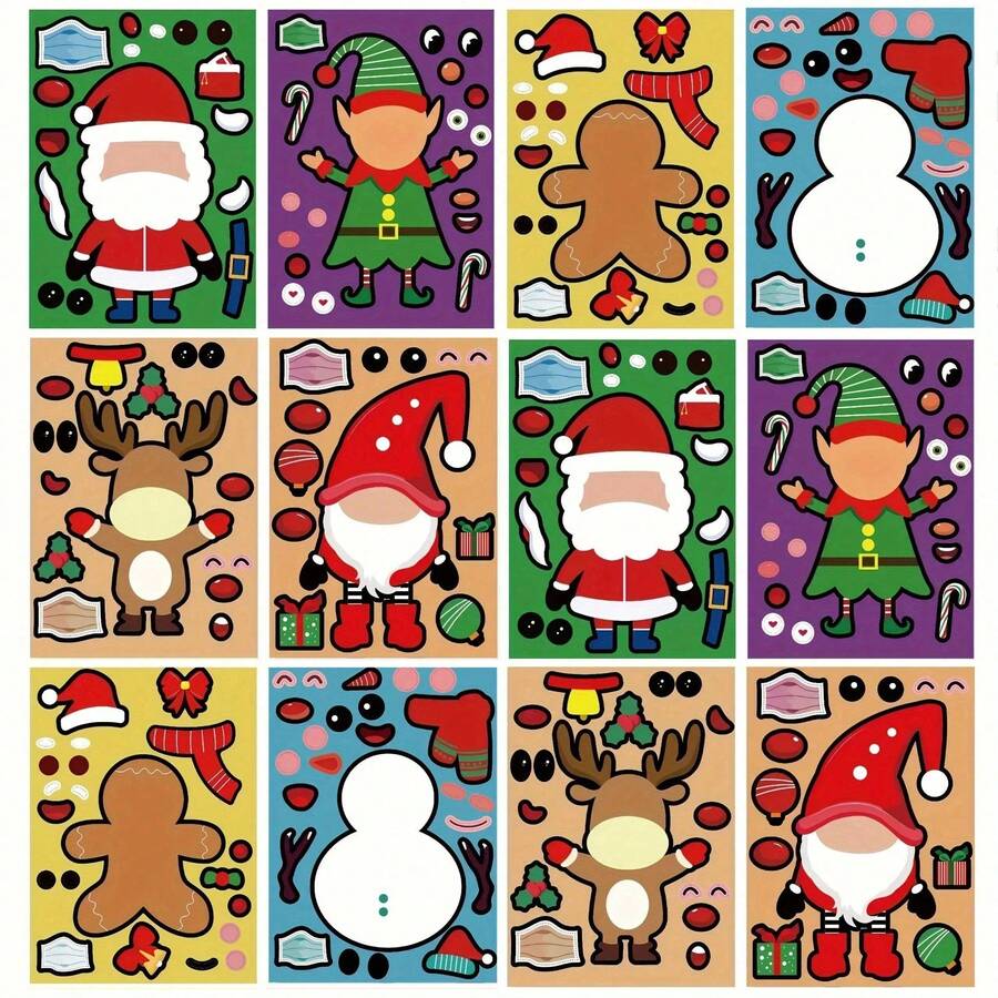 1set/12pcs Christmas Make A Face Sticker,Gnome,Elf,Xmas Character Decal, Diy Assemble Sticker,Festive Party Supply,Greeting Card Decor,Handcraft Ornament,Holiday Diy Sticker - Multicolor - View 1