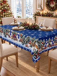 Christmas Tablecloth, Deep Blue Snowman Snow Village Snowflake Pine Tree Border Print, Winter Fairy Tale Style Rectangular Dining Tablecloth, Suitable For Restaurant Kitchen Christmas Party Holiday Home Decor - Multicolor - View 5