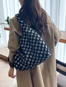 2026 Autumn New Fashion Plaid Tote Bag, Large Capacity Slouchy Women's Shoulder Underarm Bag - Black - View 5