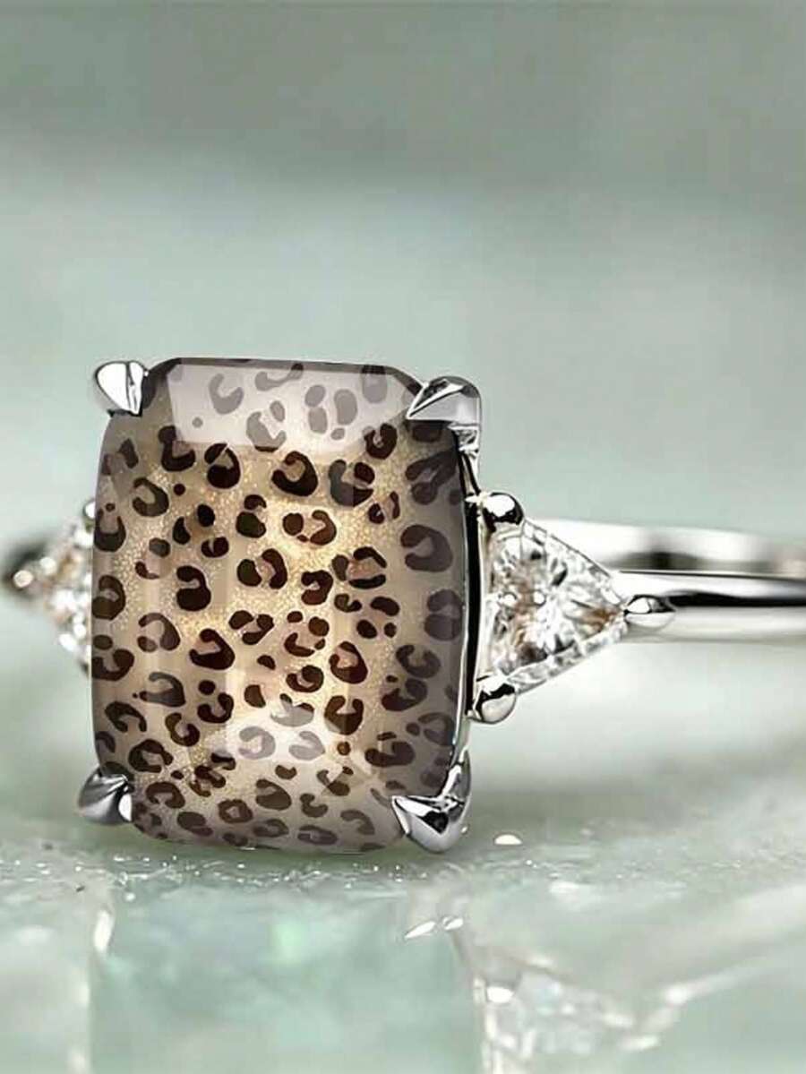 1pc Leopard Print Square Ring, Minimalist Versatile Daily Wear Accessory - Silver - View 1