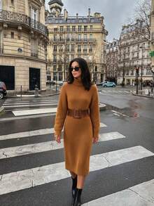 Women's Fall Winter Solid Turtleneck Ribbed Knit Midi Dress, Slim Fit Bodycon Long Sleeve Sweater Dress, Elegant Casual Layering Outfit - Brown - View 4
