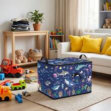 1PC Deep Sea Marine Creature Whale Shark Octopus Print Storage Box With Handles, Extra Large Capacity Foldable Organizer Bin For Closet Clothes Toys Sundries Storage, Space Saving Collapsible Container, Durable Multipurpose Home Decor - Navy Blue - View 5
