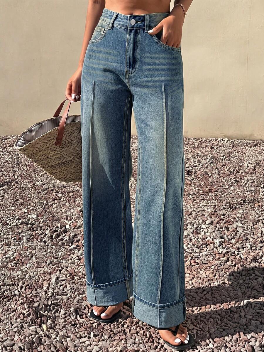 Vintage Washed Women's Wide Leg Jeans With Front Seam Detail And Rolled Hem, Autumn New Arrival - Blue - View 1
