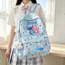 Disney Stitch & Angel Print School Backpack, All-Over Star Pattern Casual Backpack, Lightweight Multi-Pocket Travel Bag, 4 Colors Available, Lightweight & Durable Fabric, Adjustable Shoulder Straps, Suitable For Daily Commute, Shopping, Short Trips, Ideal Gift For Cartoon Lovers - A - View 2