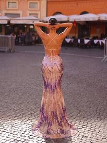 LOVE&LEMONADE Sexy Women's Multi-Color Glamorous Sequin V-Neck Backless Tie-Up Extra Long Floor-Length Holiday Party Evening Gown - Multicolor - View 4