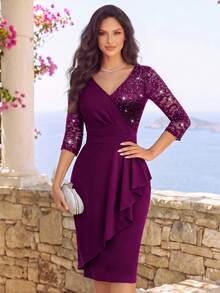 MIUSOL Classic V-Neck Sequin Floral Lace Patchwork Ruffle Waist-Cinching Bodycon Hem 3/4 Sleeve Fitted Formal Party Dress, Elegant Autumn Wedding Gown - Maroon - View 6