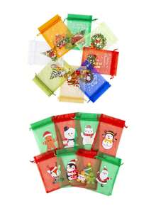 12pcs Christmas Gold Print Organza Drawstring Gift Bags, Christmas Drawstring Gift Bags, Colorful Christmas Gift Bags, Christmas Party Gift Bags, Suitable For Holiday Party Gifts - Multicolor - View 11