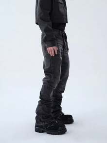 Men's Korean Style Gray Fashion High Street Loose Casual Straight Leg Denim Jeans - Grey - View 5