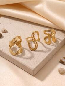 Set Cincin Terbuka Emas 3 Buah, Garis Bergelombang 3D, Kurva Berbentuk U, Desain Zigzag Tumpang Tindih, Dapat Diatur, Aksesori Niche Gaya Eropa dan Amerika - Emas - View 2