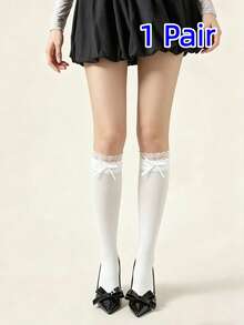 1/2 Pairs Women's Solid Color Calf Socks, Sweet Lace Trim, Cute Bow Hollow Design, Breathable Lightweight Lovely Socks, Suitable For Daily Commute - Multicolor - View 6