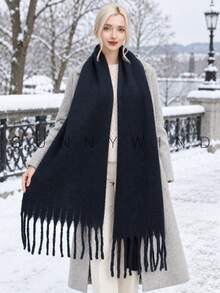 1pc Solid Color Soft Thick Fashion Street Commute Versatile Polyester Scarf For Autumn/Winter Daily Wear - Navy Blue - View 3